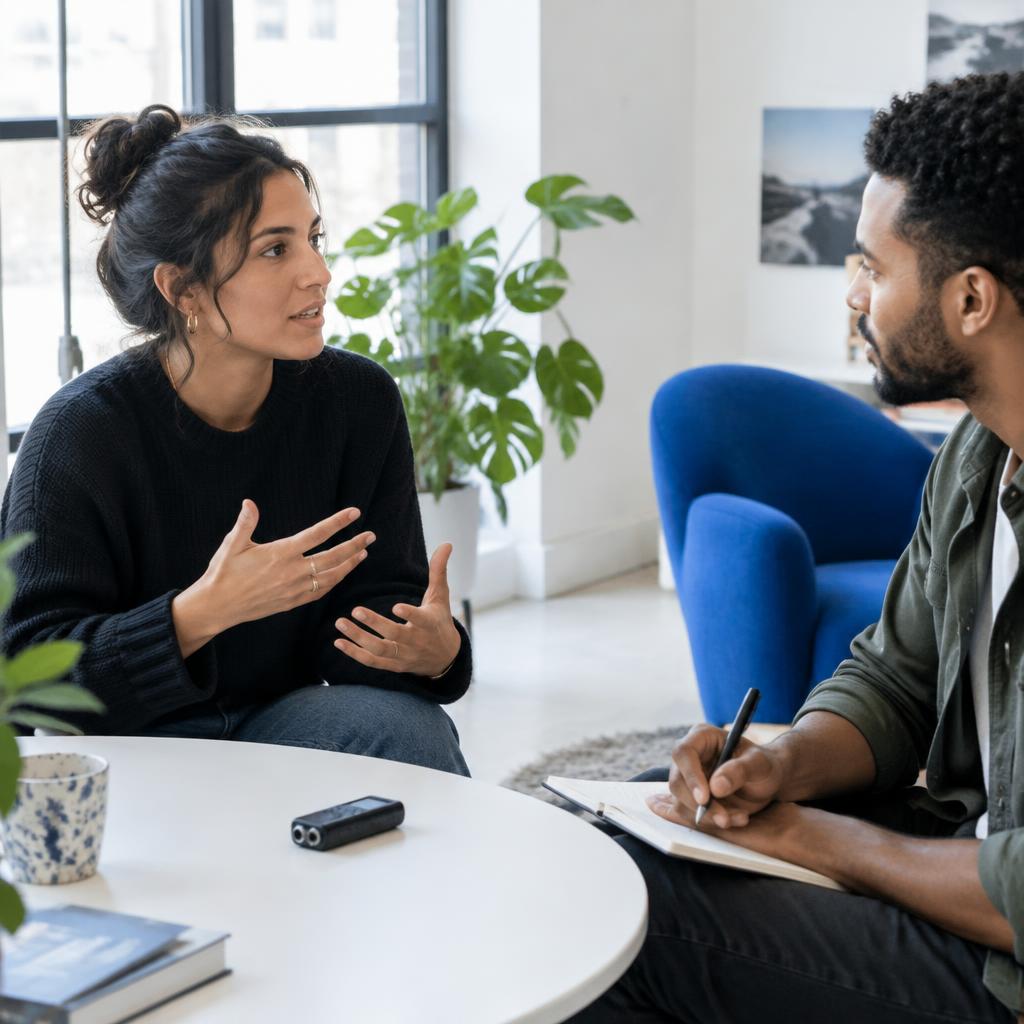 Two people sharing ideas and taking notes in a bright studio